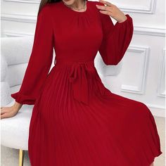 Flattering Pleated Belted Midi Dress - Stylish Crew Neck & Lantern Sleeves - Perfect For Spring & Summer Red Pleated Dress, Gold Cocktail Dress, Gold And Black Dress, Dress Stylish, Belted Midi Dress, Bow Detail Dress, Lounge Dress, Clothing Outfits, Knit Mini Dress