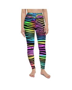 Womens Workout Yoga Pants Colorful Zebra Striped | Gearbunch.com Playful Multicolor High Waist Bottoms, Multicolor Stretch Bottoms For Workout, Stretch Multicolor Workout Bottoms, Casual Multicolor Workout Bottoms, Trendy Multicolor Bottoms With Colorful Pattern, Multicolor Athleisure Bottoms With Elastic Waistband, Multicolor Stretch Workout Bottoms, Sporty Multicolor Bottoms With Elastic Waistband, Athleisure Multicolor Bottoms With Elastic Waistband