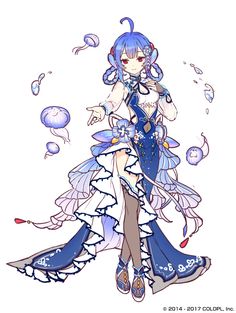 an anime character with blue hair and dress