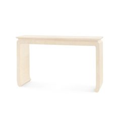 a white table with a wooden structure on it's top and bottom edge, against a white background