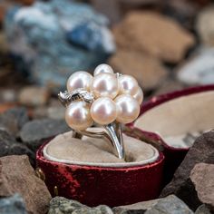 This prominent cluster style ring is accented with nine (9), post set, cultured saltwater pearls, three (3), prong set, round brilliant cut diamonds and four (4), bead set, round single cut diamonds. The ring measures 21.9mm at the top, rises 14.5mm above the finger, tapering to 1.7mm wide and 1.1mm thick at the base of the shank. This ring is currently a size 5.25. Elegant Diamond White Multi-stone Cluster Ring, Elegant Multi-stone Cluster Ring In White Gold, Formal Jewelry With Rose Cut Diamonds And Pearls, Elegant White Gold Multi-stone Cluster Ring, Formal Pearl Jewelry With Rose Cut Diamonds, Anniversary Jewelry With Rose Cut Diamonds And Pearls, Classic Multi-stone Pearl Ring For Formal Occasions, Elegant Multi-stone Cluster Ring In Round Cut, Formal Multi-stone Pearl Ring In Fine Jewelry Style