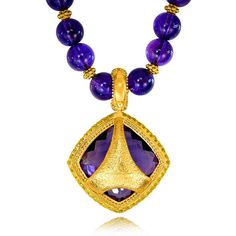 The Royal Collection is inspired by an intricate mosaic of royal palaces around the world. From exotic Marrakesh and colorful Barcelona, to the magical islands of Greece, it reminds us that we’re all descendants of kings. Handmade in NYC. Limited Edition. Price includes 18-inch (457.2 mm) strand of round amethyst beads. Enhancer dimensions: 41 mm L by 29 mm W. For additional wearability and pricing options, please contact us. Metal: 18 karat yellow gold. Center Amethyst: 1 stone, total carat wei Opulent Yellow Gold Jewelry With Gemstone, Luxury Amethyst Pendant Jewelry, Fine Jewelry Amethyst Necklace In Yellow Gold, Opulent Yellow Gold Gemstone Jewelry, Fine Jewelry Yellow Gold Amethyst Necklaces, Fine Jewelry Amethyst Necklaces In Yellow Gold, Exquisite Gold Gemstones With Accents, Luxury Amethyst Pendant Necklace, Luxury Amethyst Necklace With Gemstone Accents