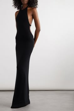 SAINT LAURENT's maxi dress is cut from smooth stretch-jersey that hugs your figure as it falls. It has a halterneck top and turns to reveal a daring cutout back. Keep the focus on its minimal lines with delicate jewelry and a soft lip. Long Black Dress Classy, Elegant Dress Black Women, 90s Formal Fashion, Silk Dress Black Women, Expensive Dresses Classy, Black Tie Event Dresses Classy, Club Dresses Nightclub Classy, Business Dinner Outfit, Archive Dress