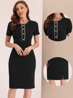 Shop Allegra K for short sleeve square neck color block bodycon sheath work dress you are looking for, get more women's dresses for yourelf. Order now! Free Returns! Work Midi Dress, Elegant Summer Outfits, Midi Dress Work, Button Decor, Cocktail Wedding, Summer Weather, Sleeve Packaging, Black Sheath Dress, Work Dress