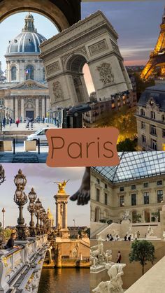 the collage shows many different buildings in paris, including one with a dome and another with statues