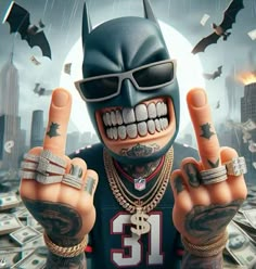 a man with tattoos wearing a batman mask and holding up two fingers