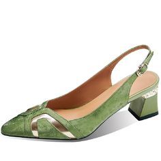 TSS58 Leather Heels Pumps Sandals - Women's Casual Shoes - Touchy Style Green Heel Strap Sandals For Evening, Green High Heel Leather Court Shoes, Formal Green Sandals With Padded Heel, Green Evening Sandals With Heel Strap, Green Leather Court Shoes For Evening, Evening Green Sandals With Heel Strap, Green Slingback Sandals With Heel Strap For Evening, Green Slingback Sandals For Evening In Spring, Green Flat Heel Party Sandals