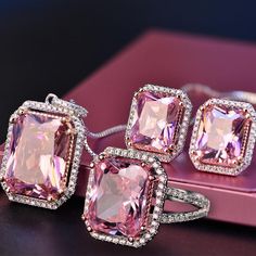 Large Pink Stone 925 Sterling Sliver Bride Wedding Jewelry Set Woman's Rings Earrings Necklace Jewelry Set For Women Bride Wedding Jewelry, Pink Jewelry Set, Spinel Jewelry, Womens Silver Jewelry, Wedding Bride Jewelry, Birthday Gift Ring, Wedding Jewelry Set, Silver Jewellery Sets, Quartz Jewelry