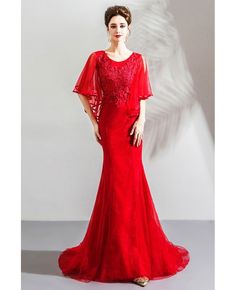 Buy Elegant Long Red Tight Mermaid Formal Dress With Cape Sleeves at wholesale price online. Free shipping and pro custom service since 2009. Fitted Mermaid Dress With Sweep Train For Red Carpet, Red Mermaid Dress With Sweep Train, Red Mermaid Dress For Formal Occasions, Red Mermaid Dress With Sweep Train For Banquet, Red Mermaid Dress With Mermaid Hem For Banquet, Red Fitted Mermaid Dress For Banquet, Fitted Red Mermaid Dress For Weddings, Fitted Red Mermaid Dress For Banquet, Red Fitted Mermaid Dress With Sweep Train