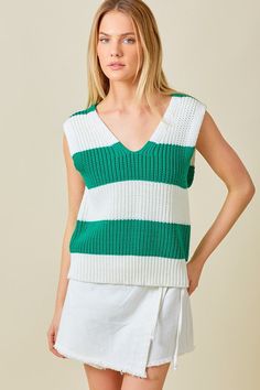 Striped sweater vest -knit -sleeveless -Relaxed fit -unlined -lightweight -fabric content -100% polyester -Machine Wash Cold Striped Sweater Vest, Vest Knit, Heeled Mules Sandals, Plus Size Activewear, Cardigan Vest, Team Apparel, Tee Dress, Striped Sweater, Summer Essentials