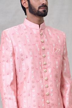 Pink sherwani with all over floral, sequin embroidery. Paired with aligadhi pant. - Aza Fashions Designer Pink Bandhgala With Resham Embroidery, Festive Pink Designer Bandhgala, Designer Pink Bandhgala With Zari Work, Designer Pink Sherwani For Festive Season, Ceremonial Pink Sherwani With Chikankari Embroidery, Ceremonial Pink Bandhgala With Resham Embroidery, Pink Cutdana Bandhgala For Festive Occasions, Designer Pink Sherwani, Designer Fitted Pink Sherwani