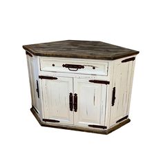 an old white wooden cabinet with two doors and one drawer on the front, isolated against a white background