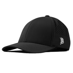 a black baseball cap with white embroidered logo on the front and side panel, featuring a perfored peak