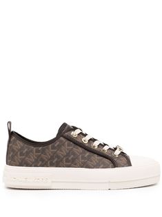 dark brown monogram pattern gold-tone logo lettering metal eyelet detailing pull-tab at the heel rubber toecap round toe front lace-up fastening branded insole flat rubber sole Brown Round Toe Sneakers With Logo Print, Brown Sneakers With Logo Print And Round Toe, Brown Low-top Sneakers With Logo, Luxury Brown Mid-top Sneakers, Low-top Brown Sneakers With Logo, Brown Low-top Sneakers With Logo Print, Casual Michael Kors Lace-up Sneakers, Michael Kors Sporty Lace-up Sneakers, Michael Kors Brown Low-top Sneakers