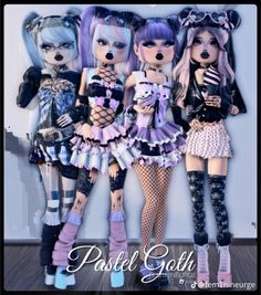 three dolls are standing next to each other in front of a wall with the words pastel goth on it