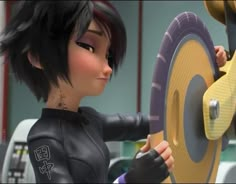 an animated character holding up a yellow and black object