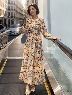 Lasaky - Womens Floral Chiffon Long-Sleeve Maxi Dress Long Sleeve Chiffon Maxi Dress, Chiffon Long Sleeve, Floral Chiffon, Types Of Skirts, Olivia Mark, A Line Skirt, Types Of Collars, A Line Skirts, Sleeve Type