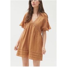 Urban Outfitters Venus Mini Frock Dress In Brown/Gold Size Xs (Can Fit A Size Small As Well) Brand New With Tag Solid Cotton V-neck Mini Dress, Casual Mini Hem Lined Dress, Solid Color Relaxed Fit Mini Dress For Summer, Cotton Mini Hem Beach Dress, Beach Cotton Mini Hem Dress, Solid Short Sleeve Mini Dress For Brunch, Brown V-neck Dress With Ruffle Hem, Summer V-neck Mini Dress With Relaxed Fit, Chic Mini Dress With Relaxed Fit