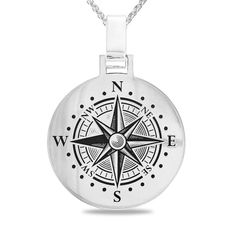 Set a course in style with this personalized disc pendant for him. Created in sterling silver, this round disc showcases a detailed compass design etched into the front side. Along the back, your message - up to four lines, each up to 20 characters in length - appears in a print font. Using the finest metals and latest technology, this piece is handcrafted and meticulously finished in the Usa. Buffed to a brilliant buffed luster, this pendant suspends along a 22.0-inch spiga chain that secures w Gift Compass Design Round Pendant Medallion Necklace, Compass Design Medallion Necklace Gift, Round Pendant Medallion Necklace With Compass Design For Gift, Gift Medallion Necklace With Compass Design, Medallion Necklace With Compass Design For Gift, Personalized Compass Design Round Necklace, White Gold Compass Medallion Necklace, White Gold Medallion Necklace With Compass Design, Engraved Medallion Necklace For Travel