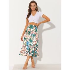 Featuring pretty ditsy floral prints, this midi skirt is a summer option that can be worn with just about anything. Channel elegant style in this midi skirt which is beautifully printed with a blossom pattern for a versatile look. It is made of lightweight fabric, adding definition to the free-flowing design. Falling to a waterfall midi hem, it sits high on the waist with a discreet side zip fastening. Summer days call for effortlessly feminine styles like skirts. Midi Skirt White, Flowy Midi Skirt, Skirt Chiffon, Skirts White, Bodycon Midi Skirt, Ruffle Fabric, Basic Skirt, Womens Maxi Skirts, Printed Skirt