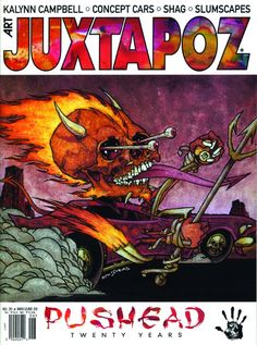 the cover to juxtapozz magazine with an image of a demon driving a car