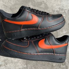 Orange stitched custom on an authentic black AF1. Sizing Details Air Force 1's run big, so we recommend customers choose a half size smaller than their usual size. **Sizes listed are Men sizes, equivalent women sizes can be seen in size chart on the last slide** Customizable Leather Sneakers For Sports, Customizable Black Casual Sneakers, Customizable Black Sneakers With Round Toe, Custom Orange Sneakers With Stitched Sole, Fitted Sneakers For Streetwear With Round Toe, Custom Black Sneakers For Sports, Fitted Black Casual Sneakers, Black Custom Sneakers With Round Toe, Custom Black Round Toe Sneakers