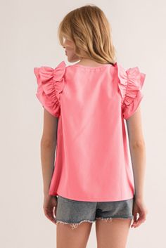 It features smocked detailing, which refers to a technique where fabric is gathered and stitched in a stretchy and elastic manner. The smocked sections of the blouse create a fitted and textured appearance, adding visual interest and enhancing the overall design. The relaxed fit makes it suitable for various body types and can be easily paired with different bottoms for versatile styling options. The blouse is a versatile piece that can be dressed up or down. It can be paired with tailored pants Pink Stretch Top With Ruffle Sleeves, Chic Pink Blouse With Smocked Back, Pink Tops With Smocked Back And Ruffled Straps, Feminine Smocked Top With Ruffles For Spring, Feminine Smocked Top With Ruffle Sleeves, Pink Feminine Top With Smocked Back, Feminine Pink Tops With Smocked Back, Feminine Ruffle Sleeve Blouse With Smocked Back, Feminine Blouse With Smocked Back And Ruffle Sleeves