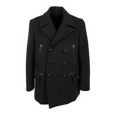 Tom Ford coat in black, featuring a double-breasted design with a lapel collar. It has two vertical pockets with leather piping, a unique and elegant detail that adds a touch of luxury to the jacket and two pockets with flaps. The jacket has a padded lining made of polyester and mix of cotton ad cupro. Remarks: The label on the neck is slightly washed off. Shoulder:48;Sleeve:66;Width:55;Length:85 Material: 100% Wool Black Double-breasted Peacoat With Button Closure, Black Tailored Peacoat For Work, Tailored Black Peacoat For Work, Black Wool Sport Coat For Office, Classic Black Double-breasted Peacoat, Classic Black Double-breasted Pea Coat, Tailored Black Double-breasted Pea Coat, Formal Black Pea Coat With Double Button Closure, Black Double-breasted Outerwear With Button Closure