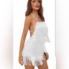 White Backless Modern/Fitted Dress Sexy Fringe Rompers For Women, Halter, Spaghetti Strap, Backless, Tassel Hem, Strappy High Waist Short Jumpsuit Are Soft And Comfortable Fabric 95% Polyester, 5% Spandex Discounted Shipping Free Gift With Every Purchase Brand New Bundle Discount Available Pet Free Smoke Free House Next Day Shipping Send Me Your Questions And Offers. ** Be Sure To Check Out My Closet For Daily Deals And Bundle Offers* White Mini Dress With Built-in Bra For Party, White Backless Club Dress, White Halter Neck Club Dress, Chic White Backless Dress For Party, White Spaghetti Strap Backless Dress For Date Night, Fitted Flirty Backless Dress For Beach, Flirty Fitted Backless Dress For Beach, White Backless Dress For Summer Night Out, White Backless Mini Dress For Club