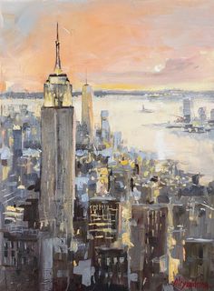 an oil painting of a cityscape at sunset