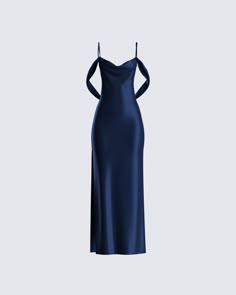 You can have anything you want if you dress for it ✨ Make it clear you deserve the best while flowing with elegance in this navy gown made with a satin-charmeuse fabric, complete with a draped shawl detail 👑 Navy Blue Ball Dress, Navy Gown, Draped Gown, Prom Dress Inspo, Drape Gowns, Prom Inspo, Prom Dress Inspiration, Cute Prom Dresses, Handmade Dress