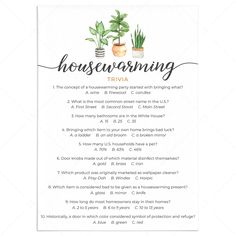 a poster with the words housewarming and two potted plants