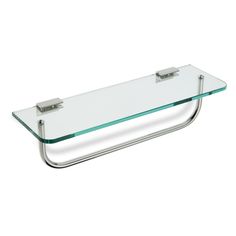 a glass shelf with two metal brackets on the bottom and one is holding a towel bar