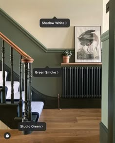 the stairs in this house are labeled with different things to see on their wall and below them