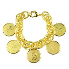 Celebrate your family with our timeless and classic Preston bracelet adorned with 5 metal Dalton Charms with the initials of your choice. One for each beloved family member. Your charms will be equally spaced along the length of the bracelet. (Please specify in your order notes if you would like them to be arranged differently.) Measurements (approximate): Bracelet - 8" length (20.3 cm) Small Charm - 3/4" (19 mm) diameter Medium Charm - 1" (2.5 cm) diameter Materials: Steel with gold or silver finish Classic Personalized Initials Bracelet, Classic Bracelets With Initials, Classic Engraved Charm Bracelet As Personalized Gift, Classic Personalized Charm Bracelet For Anniversary, Classic Engraved Charm Bracelet For Personalized Gift, Classic Personalized Metal Chain Bracelet, Classic Personalized Charm Bracelet, Classic Gold Charm Bracelet For Personalized Gift, Personalized Gold Charm Bracelet With Initials