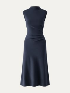 Stretch Midi Dress With Pleated Waist, Stretch Turtleneck Midi Dress For Work, Turtleneck Stretch Midi Dress For Work, Elegant Turtleneck Midi Dress For Work, Classic High Neck Dress For Workwear, High Neck Solid Color Midi Dress For Formal Occasions, High Neck Midi Dress For Formal Occasions, High Neck Midi Dress For Formal Events, Formal High Neck Midi Dress In Solid Color