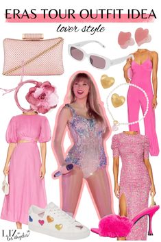 two women in pink dresses and accessories with text that reads eras tour outfit idea over style