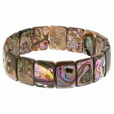 Kwan Collections Abalone Shell Stretch Bracelet  A swirl of iridescent colors and an easy-to-wear stretch design makes this abalone shell bracelet a great choice for chic, inspired dressing anytime! One size fits most.       Approx. 7-1/2"L x 1/8"W x 5/8"H; fits 6-7/16" to 8" wrist     Stainless steel     Bracelet has rectangular stations of abalone mother-of-pearl shell strung on stretchy jeweler's elastic   Stone Information       All sizes and weights approximate     Multicolor Abalone Mother Moodboard Jewelry, Abalone Shell Bracelet, Indigenous Jewelry, Abalone Bracelet, Color Bands, Shell Bracelet, Jewelry Lookbook, Pearl Shell, Abalone Shell