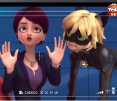 an animated image of a catwoman and a man in front of a tv screen