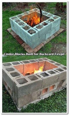 cinder blocks built for backyard firepit with flames in the center and an open fire pit on