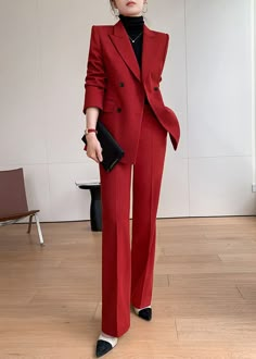 Elevate your style with our Sydney Single-breasted Blazer Pantsuit Set. Crafted with a sophisticated western-style collar and double-breasted detail, this set comes in a bold red and black color scheme. Make a statement in this exclusive and tasteful ensemble, perfect for any occasion. Notched lapels Long sleeve Double-breasted closure Polyester,Spandex Item #241177 Women's blazer & wide-leg pants set SIZE INFO XS=US2=UK6=EU32 S=US4-6=UK8-10=EU34-36 M=US8-10=UK12-14=EU38-40 L=US12-14=UK16-18=EU4 Luxury Winter Blazer For Semi-formal Occasions, Luxury Burgundy Suit For Semi-formal Occasions, Luxury Elegant Blazer For Date Night, Luxury Elegant Red Pants, Luxury Retro Semi-formal Blazer, Cheap Long Sleeve Formal Blazer, Luxury Red Formal Pantsuit, Prom Suits For Women 2022, Luxury Red Pantsuit For Office