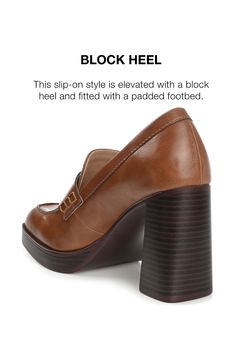 A chunky platform heel brings a bold lift to an apron toe penny loafer equipped with the signature Tru Comfort insole for easy all-day wear. 3.5" heel, 1" platform Tru Comfort cushioning Vegan leather upper, synthetic sole Imported Brown Platform Loafers With Lug Sole For Work, Office Platform Loafers With Block Heel, Chunky Platform Block Heel Loafers For Spring, Brown Platform Loafers With Chunky Platform For Work, Modern High Heel Platform Loafers For Fall, Brown Chunky Platform Loafers For Workwear, Closed Toe Platform Loafers With Brogue Detailing For Work, Brown Chunky Platform Loafers For Fall, Brown Platform Loafers For Business