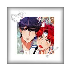 two anime characters with red hair and blue eyes are looking at the camera, one is holding