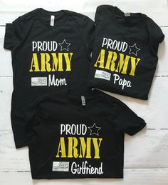 Proud Army Family shirt. We love our original design! Thank you for your families service! Add your shirt and then select Mom, Sister, Brother, Wife, Husband, Lil Brother, Someone I love, Uncle, Aunt, Nana, Girlfriend, Grandmother, Grandfather, Poppop, Pappy and so many more. *Baby items will have an adjusted logo design due to small, cuteness size of clothing :). These are BLACK T-shirts ONLY. (unless you select something different) **LADIES CUTS RUN SMALLER, PLEASE order accordingly. Please lo Cotton T-shirt With Name Print For Family Events, Black T-shirt With Custom Print For Family Events, Family Matching Black Screen Print T-shirt, Black Family Matching T-shirt With Screen Print, Black Shirt With Graphic Print For Family Matching, Customizable Crew Neck T-shirt For Family, Black Cotton Family Matching T-shirt, Black Cotton Family Matching Shirt, Father's Day Black Shirt With Screen Print