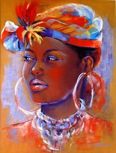 an oil painting of a woman wearing a colorful headdress and hoop earrings