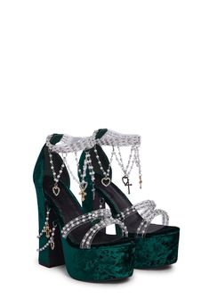 Sugar Thrillz Velvet Platform Beaded Heels - Green – Dolls Kill Green Velvet Dress Shoes, Platform Green Heels, Platform Shoes For Women, Emerald Green Platform Heels, Green Rhinestone Heels, Green Shoes Aesthetic, Dark Green High Heels, Slytherin Heels, Holy Revelation Platform Heels