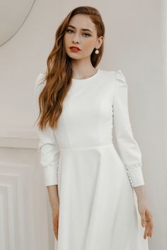 Reception Dress Simple, Wedding Dress For Reception, Dress For Reception, Wedding Dresses 50s, Wedding Dress With Long Sleeves, Midi Wedding Dress, Elle Dress, Short Wedding Dresses, Wedding Reception Dress