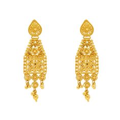 These gorgeous Indian gold earrings feature a sophisticated drop/dangle design, filigree work, and beaded details. Pair this set of 22k gold earrings with other gold jewelry from Virani to complete the look. Features • 22k yellow gold • Beading • Filigree Virani Jewelers is a leading Indian gold jewelry store in the Iselin, New Jersey specializing in exquisite 22k gold jewelry designs. Shop with us for the finest Indian jewelry and experience the beauty and elegance of our luxury gold jewelry cr Luxury Yellow Gold Tilla Earrings, Luxury Bollywood Yellow Gold Earrings, Luxury Gold Earrings With Tilla, Luxury Yellow Gold Bollywood Earrings, Luxury Yellow Gold Earrings For Diwali, Luxury 22k Gold Cutdana Earrings, Luxury 22k Gold Bollywood Earrings, Luxury 22k Gold Dangle Danglers, Luxury Gold Danglers With Tilla