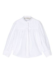 white cotton poplin texture concealed front button fastening band collar gathered detailing long sleeves buttoned cuffs curved hem Dress With Jean Jacket, Baby Boy Accessories, Dolce And Gabbana Kids, Girls Blouse, Band Collar, Blouse White, Stella Mccartney Kids, Suits Coats, Skirted Swimwear