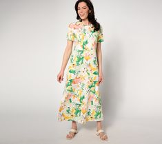 You'll feel pretty (oh-so pretty) in this printed maxi dress. Pair it with some strappy sandals or fashionable wedges and you're ready to strut into spring in style. From Denim & Co.® Fashions. Casual Tropical Print Maxi Dress For Garden Party, Multicolor Floral Print Maxi Dress For Summer Outings, Casual Maxi Dress With Tropical Print For Garden Party, Spring Floral Print Casual Maxi Dress, Tropical Print Midi Dress For Spring And Summer, Casual Spring Maxi Dress With Tropical Print, Multicolor Maxi Dress For Summer Outings In Spring, Multicolor Maxi Dress For Spring Summer Outings, Spring Vacation Printed Midi Dress